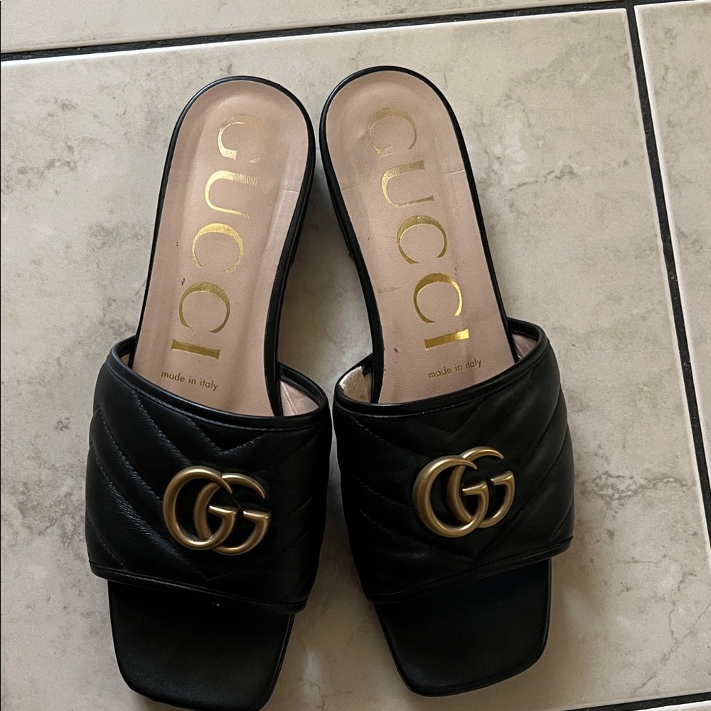 Gucci Black Slide Sandals with Gold Logo